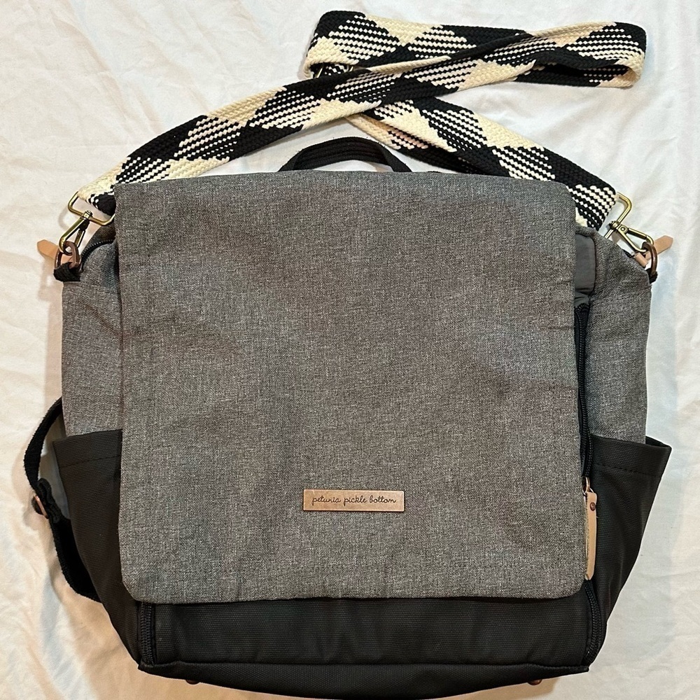 Petunia Pickle Bottom boxy backpack diaper bag graphite/black gingham strap